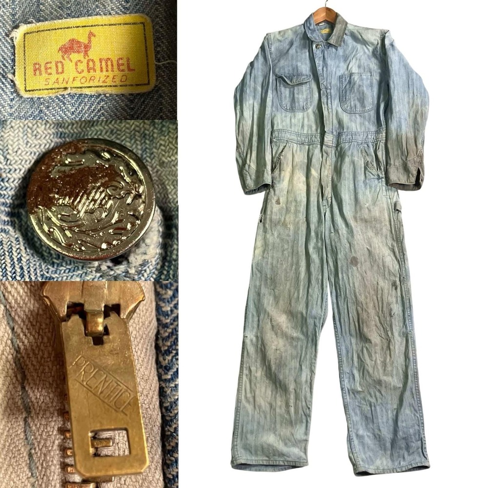 VTG 50s Sanforized Herringbone Denim Coveralls Red Camel Prentice Zipper Size 40